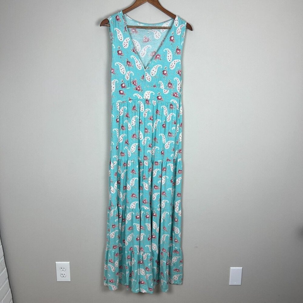 Garnet Hill Maxi Dress Women Medium Blue Paisley Floral V-Neck Tiered Sleeveless